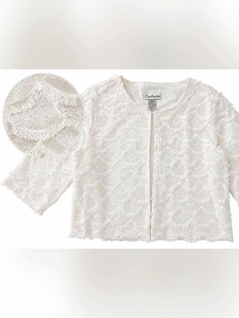 Vintage Lace Fringe Blazer Size 14 XL Cropped Scalloped Crochet Cardigan Shrug - Picture 4 of 7
